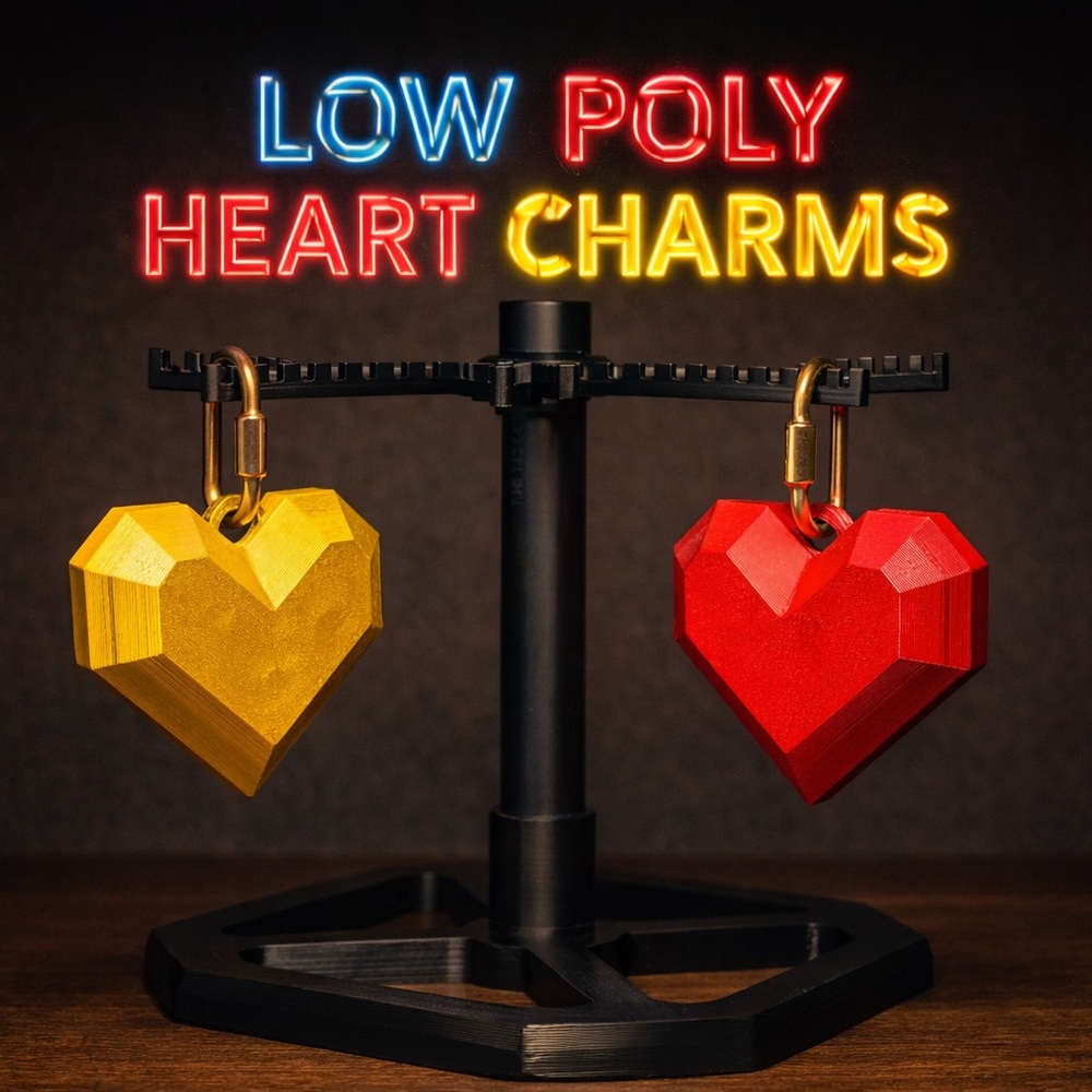 Hand Painted Low-Poly Heart Keychain w/ Mini Functional Carabiner